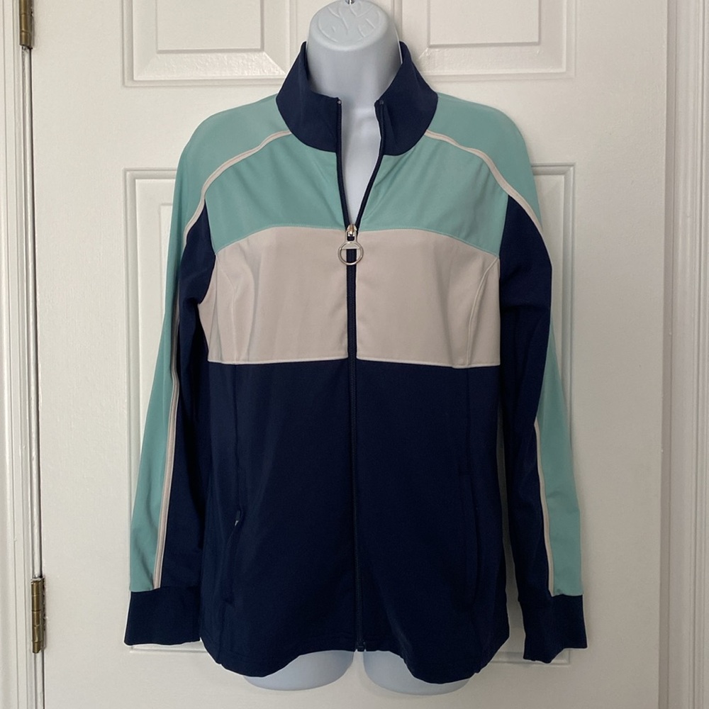 Boston Proper Women's Color Block Jacket - Navy, Mint, and White Medium